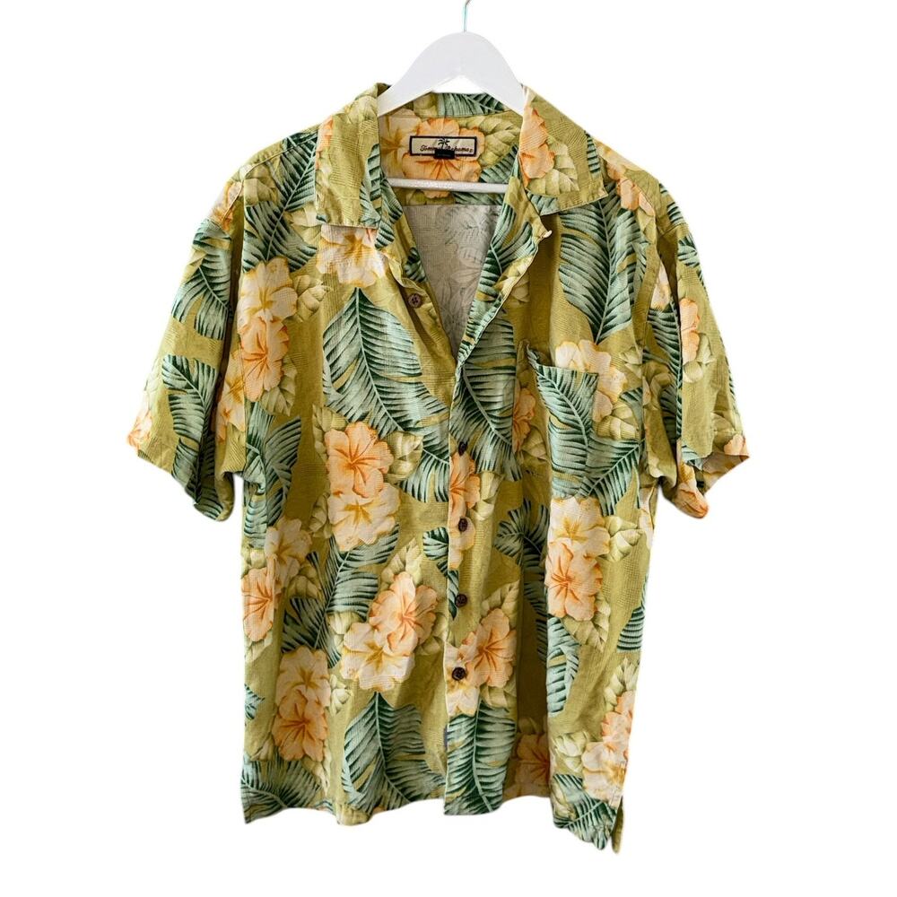 Tommy Bahama 100% Silk Shirt Size XL Green Yellow Hawaiian Floral Button Down